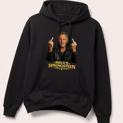 Photographic print of Bruce Springsteen with middle fingers raised in black and gold — printed on a unisex hoodie