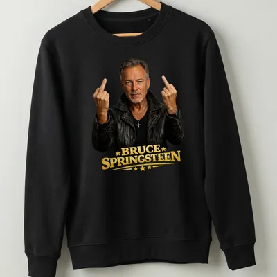 Photographic print of Bruce Springsteen with middle fingers raised in black and gold — printed on a unisex sweatshirt
