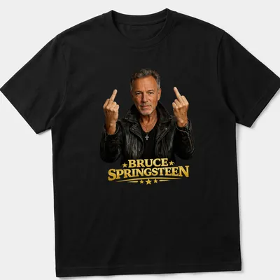 Photographic print of Bruce Springsteen with middle fingers raised in black and gold — printed on a unisex t-shirt