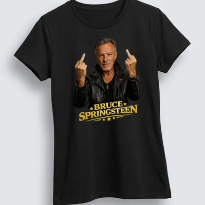 Photographic print of Bruce Springsteen with middle fingers raised in black and gold — printed on a women's shirt