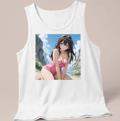Anime-style Brunette woman in pink star swimsuit with waves in background — printed on a tank top