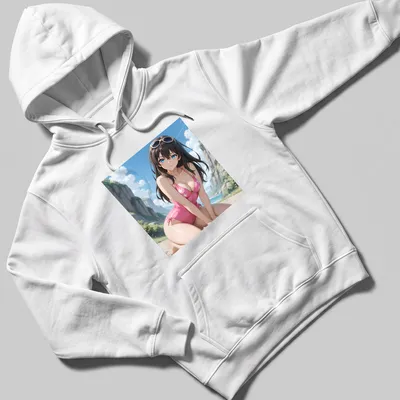Anime-style Brunette woman in pink star swimsuit with waves in background — printed on a unisex hoodie