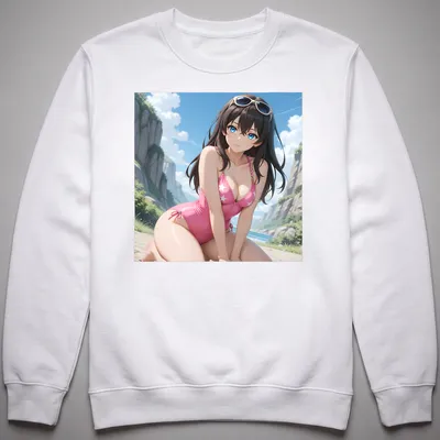 Anime-style Brunette woman in pink star swimsuit with waves in background — printed on a unisex sweatshirt