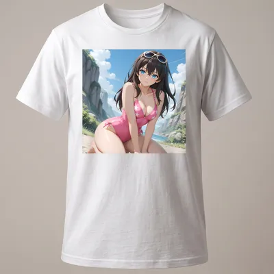 Anime-style Brunette woman in pink star swimsuit with waves in background
