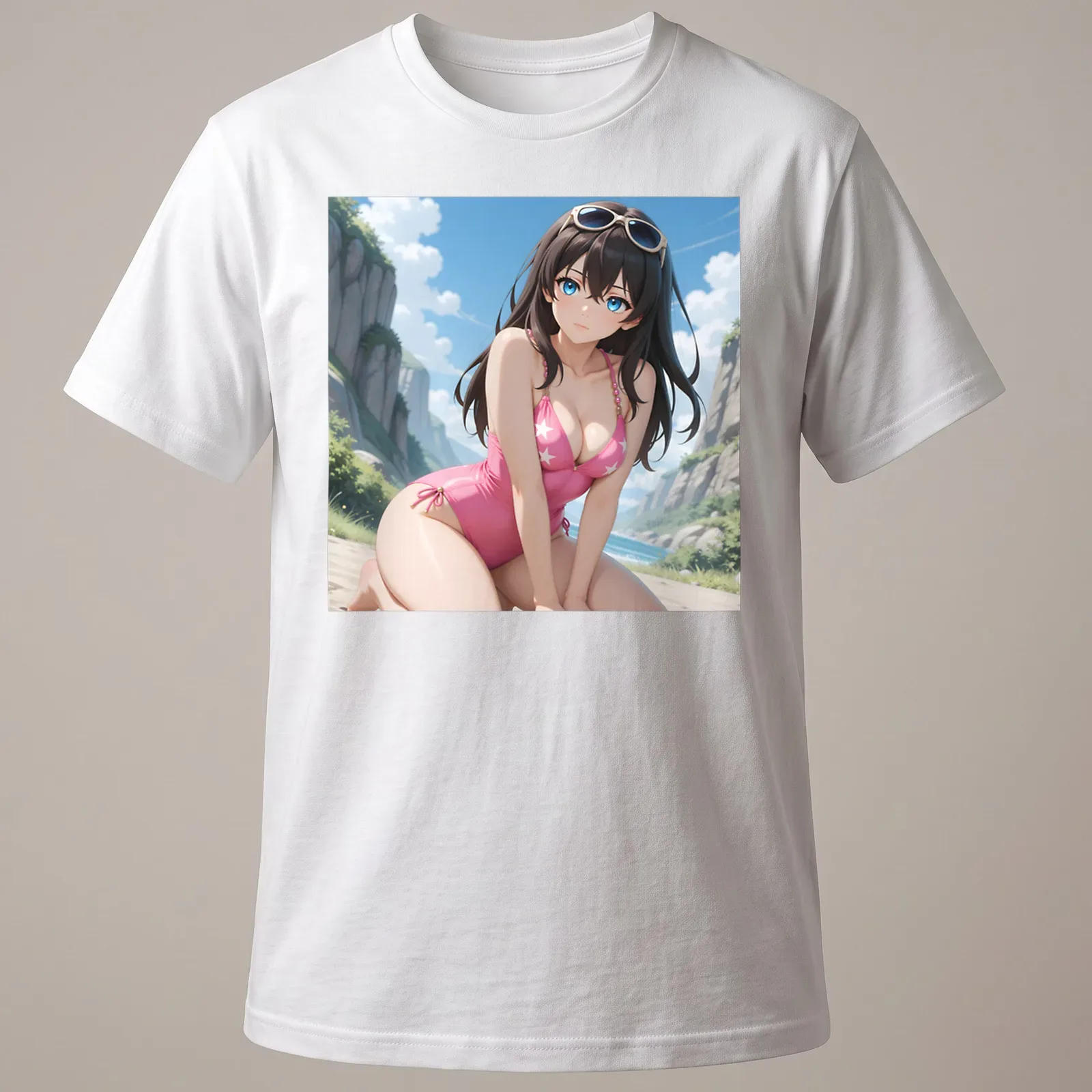 Anime-style Brunette woman in pink star swimsuit with waves in background — printed on a unisex t-shirt