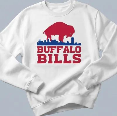 Vintage buffalo silhouette with city skyline and Buffalo Bills text — printed on a unisex sweatshirt