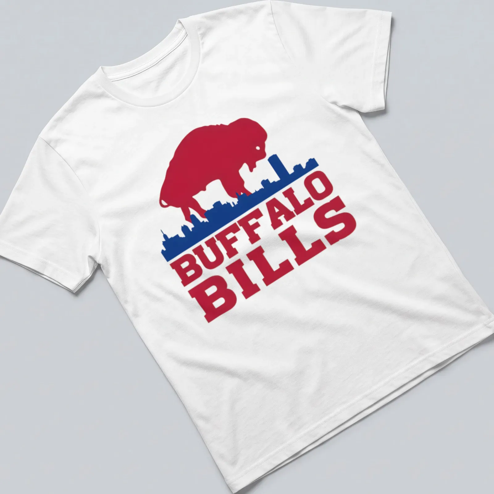 Vintage buffalo silhouette with city skyline and Buffalo Bills text — printed on a unisex t-shirt