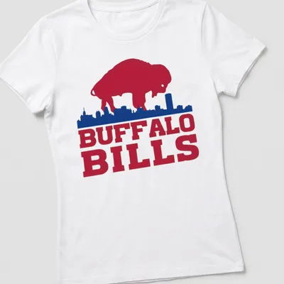 Vintage buffalo silhouette with city skyline and Buffalo Bills text — printed on a women's shirt