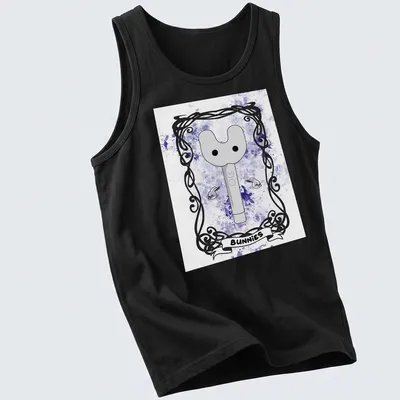 Whimsical illustration of a key-like character with 'BUNNIES' text in purple and gray tones — printed on a tank top