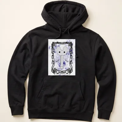 Whimsical illustration of a key-like character with 'BUNNIES' text in purple and gray tones — printed on a unisex hoodie