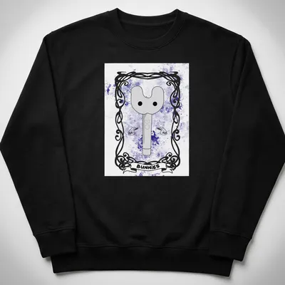 Whimsical illustration of a key-like character with 'BUNNIES' text in purple and gray tones — printed on a unisex sweatshirt