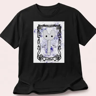 Whimsical illustration of a key-like character with 'BUNNIES' text in purple and gray tones