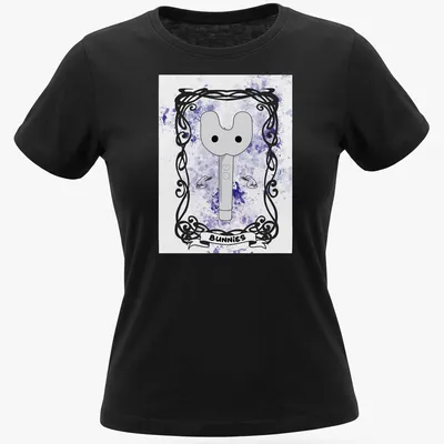 Whimsical illustration of a key-like character with 'BUNNIES' text in purple and gray tones — printed on a women's shirt