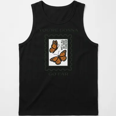 Illustrative t-shirt featuring colorful butterflies and an inspirational message — printed on a tank top