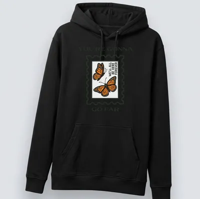 Illustrative t-shirt featuring colorful butterflies and an inspirational message — printed on a unisex hoodie