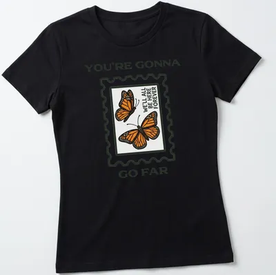 Illustrative t-shirt featuring colorful butterflies and an inspirational message — printed on a women's shirt