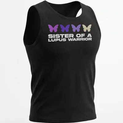 Stylish T-shirt featuring butterflies and the phrase 'Sister of a Lupus Warrior' in modern typography. — printed on a tank top