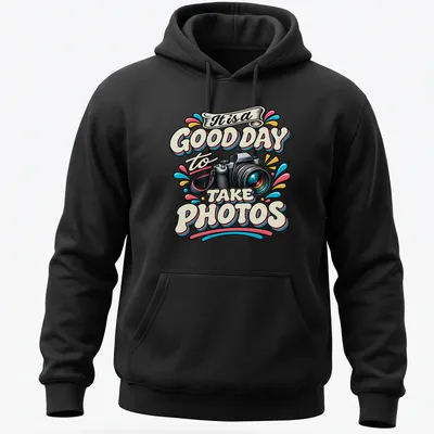 Colorful retro design with printed text: It is a GOOD DAY to TAKE PHOTOS, featuring a camera. — printed on a unisex hoodie