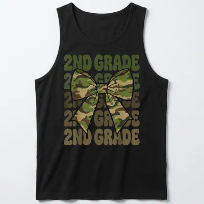 Retro camo bow design with repeated 2ND GRADE text in green and tan — printed on a tank top