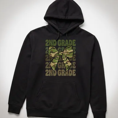 Retro camo bow design with repeated 2ND GRADE text in green and tan — printed on a unisex hoodie