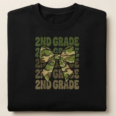Retro camo bow design with repeated 2ND GRADE text in green and tan — printed on a unisex sweatshirt