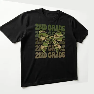 Retro camo bow design with repeated 2ND GRADE text in green and tan — printed on a unisex t-shirt (angled view)