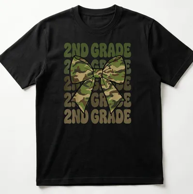 Retro camo bow design with repeated 2ND GRADE text in green and tan