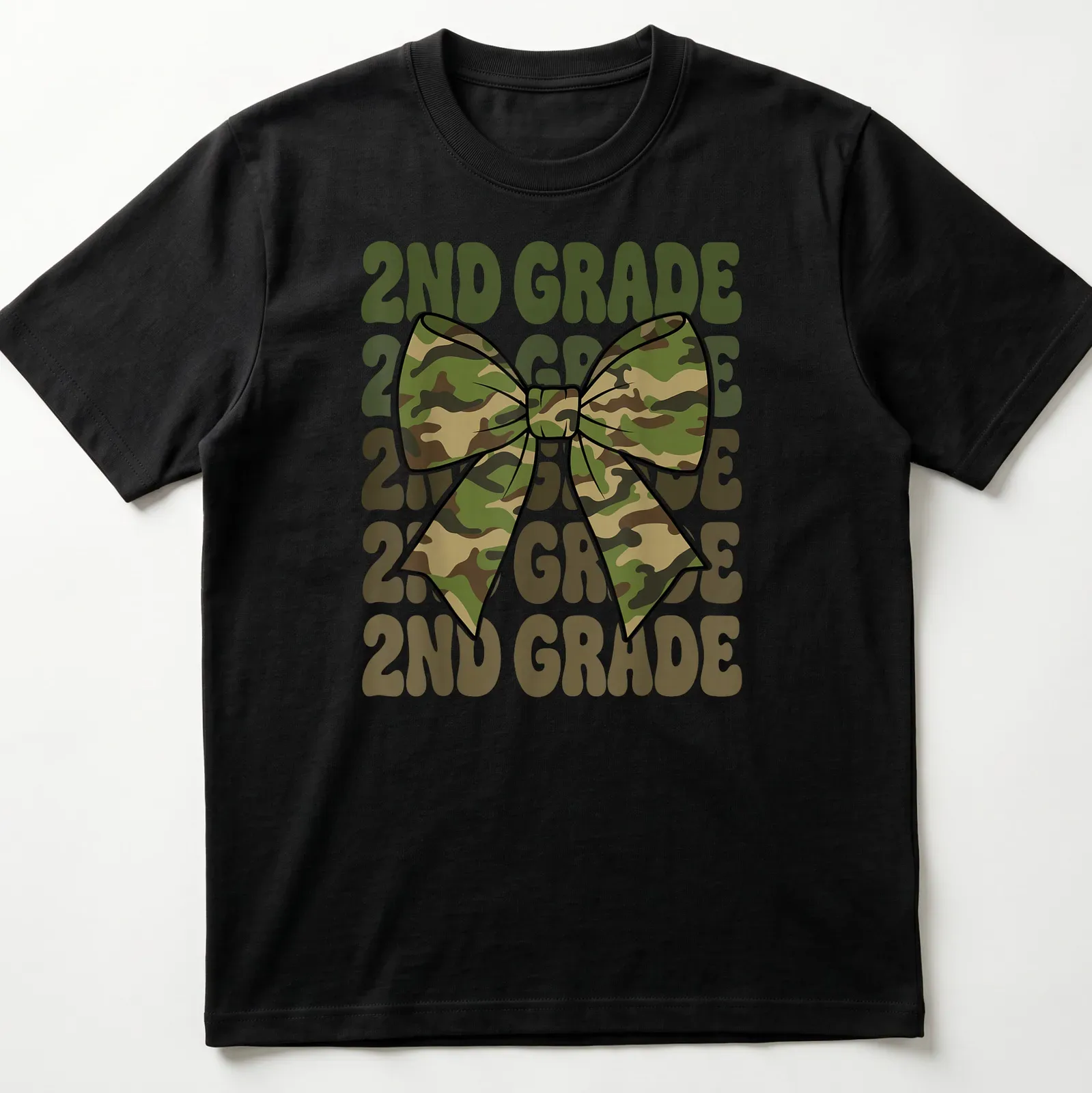 Retro camo bow design with repeated 2ND GRADE text in green and tan — printed on a unisex t-shirt