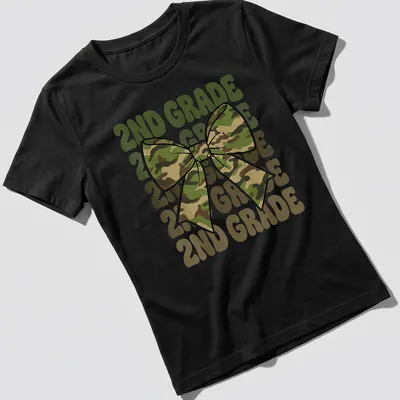 Retro camo bow design with repeated 2ND GRADE text in green and tan — printed on a women's shirt