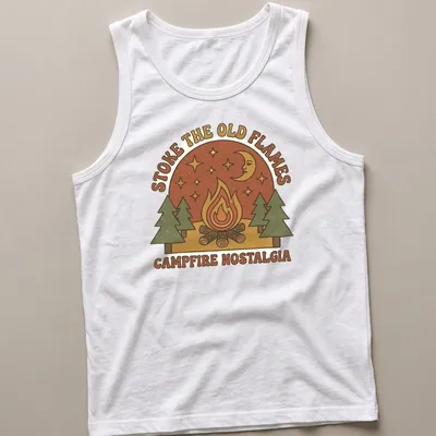 Vintage design featuring a colorful campfire with nostalgic text — printed on a tank top