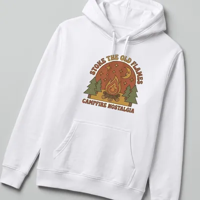 Vintage design featuring a colorful campfire with nostalgic text — printed on a unisex hoodie