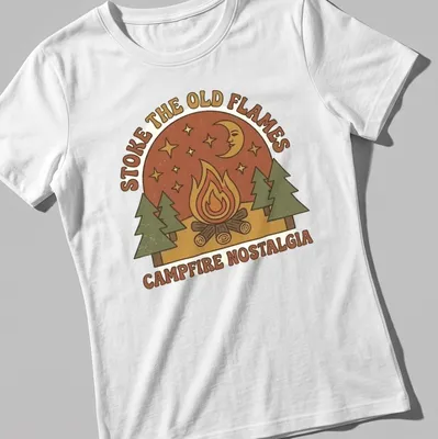 Vintage design featuring a colorful campfire with nostalgic text — printed on a women's shirt