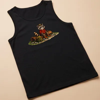 Cartoon raccoon on a log in a colorful outdoor setting — printed on a tank top