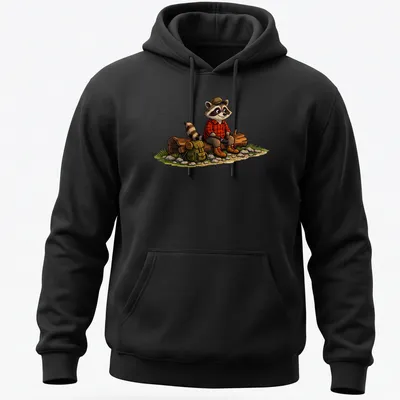 Cartoon raccoon on a log in a colorful outdoor setting — printed on a unisex hoodie