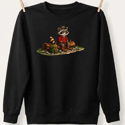 Cartoon raccoon on a log in a colorful outdoor setting — printed on a unisex sweatshirt