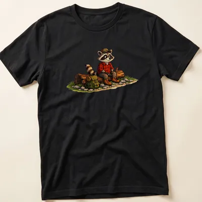 Cartoon raccoon on a log in a colorful outdoor setting