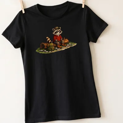 Cartoon raccoon on a log in a colorful outdoor setting — printed on a women's shirt