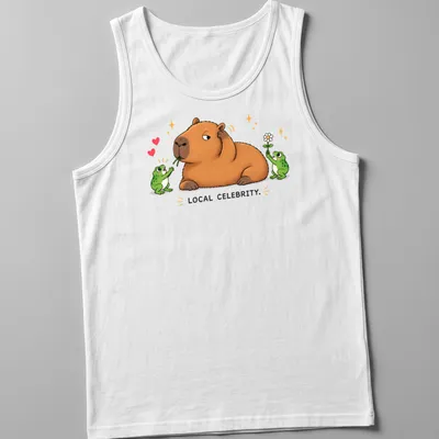 Kawaii style capybara surrounded by frog fans with text 'LOCAL CELEBRITY.' — printed on a tank top