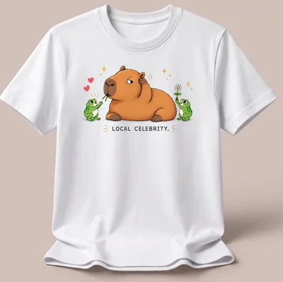 Kawaii style capybara surrounded by frog fans with text 'LOCAL CELEBRITY.'
