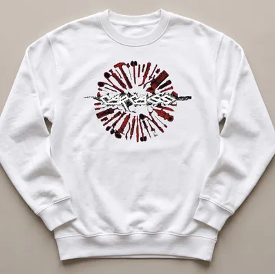 Grunge-style Carcass logo t-shirt with red and black tools surrounding bold text — printed on a unisex sweatshirt