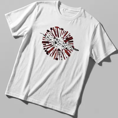 Grunge-style Carcass logo t-shirt with red and black tools surrounding bold text