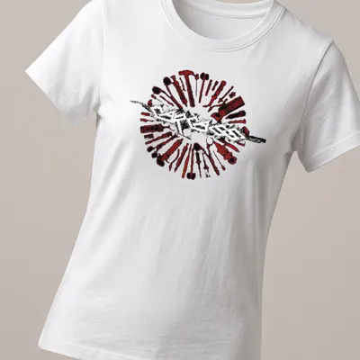 Grunge-style Carcass logo t-shirt with red and black tools surrounding bold text — printed on a women's shirt