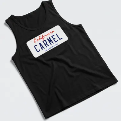 California Carmel license plate design in red and blue on a white — printed on a tank top