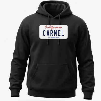 California Carmel license plate design in red and blue on a white — printed on a unisex hoodie