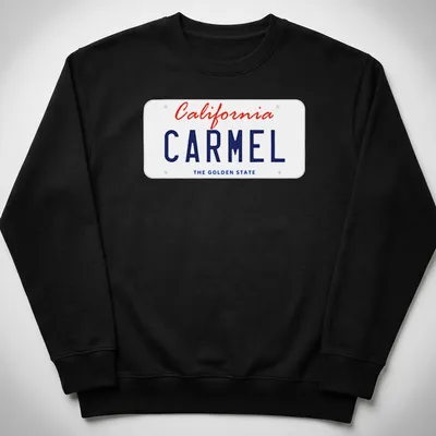 California Carmel license plate design in red and blue on a white — printed on a unisex sweatshirt