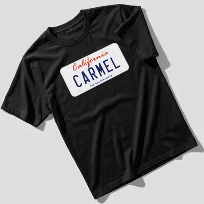 California Carmel license plate design in red and blue on a white shirt