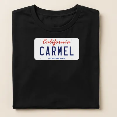 California Carmel license plate design in red and blue on a white — printed on a women's shirt