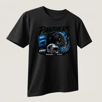 Bold graphic t-shirt featuring Carolina Panthers team spirit and slogan — printed on a unisex t-shirt (angled view)
