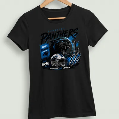 Bold graphic t-shirt featuring Carolina Panthers team spirit and slogan — printed on a women's shirt