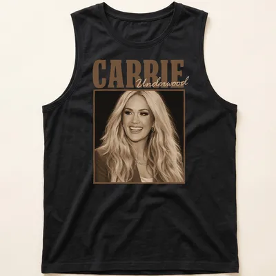 Vintage sepia T-shirt featuring Carrie Underwood's likeness in warm tones — printed on a tank top